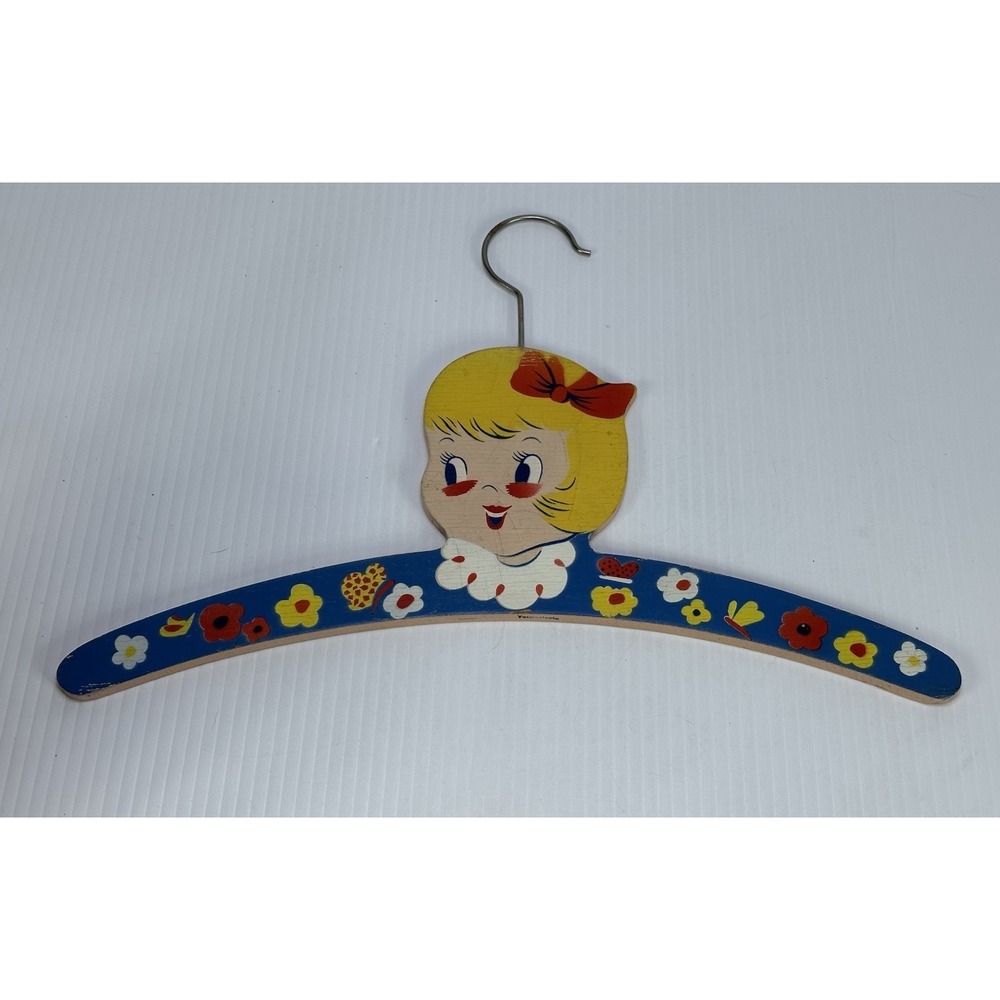 Vintage Wood Wooden Childs Clothes Hanger 1940s Painted Girl Ribbon Yogoslavia